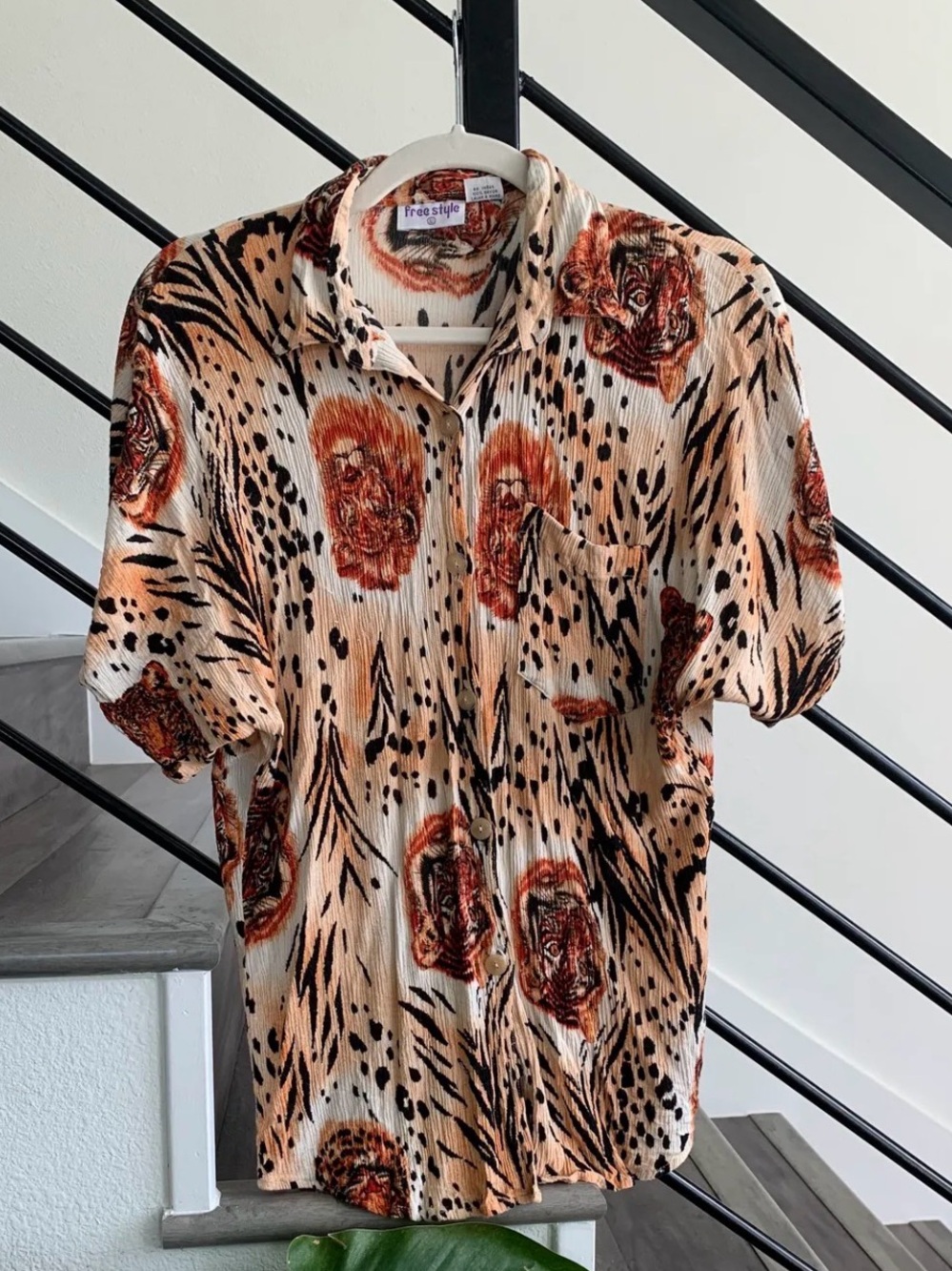 VTG Tiger Print Button Down Blouse, Size S/M